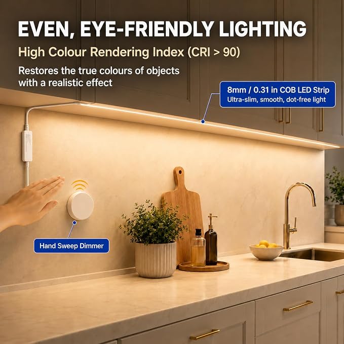 COB LED Strip Lights, 6 in 1 Dimmable Touch Control Under Cabinet Lights, 12V Under Cabinet Lighting Kit, Cuttable Self-Adhesive LED Strips for Display Cabinets, Wardrobes, Kitchen, Shelf Lighting
