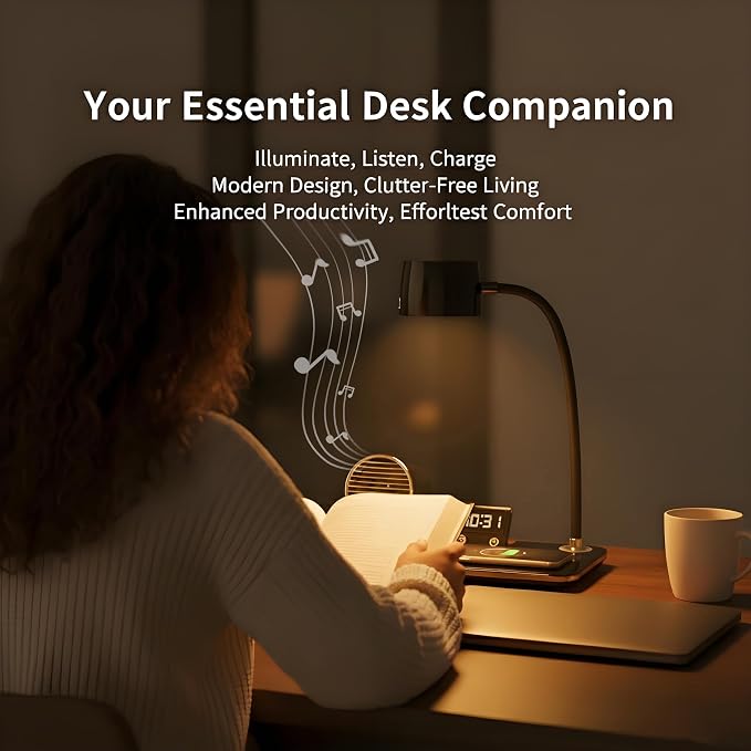 LED Desk Lamp for Home Office, 4-in-1 Modern Desk Light with 15W Wireless Charger, Bluetooth Speaker & Digital Clock, 3 Color Modes Eye-Caring Study Reading Lamp, Flexible Gooseneck, Black