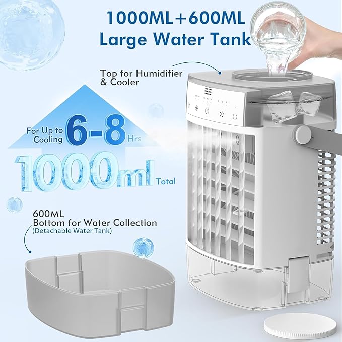 Portable Air Conditioner, Personal Evaporative Air Cooler with Dual Tank, 2 Mist Modes, 3 Wind Speed, USB Powered Desk Cooling Fan with 7-Color Mood Lighting for Office/Bedroom