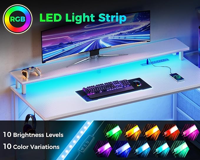 AODK 52 Inch Gaming Desk with USB Charging Ports & LED Light- Reversible Computer Desk with Storage Shelves & Monitor Stand, Modern Gamer Desk Table with Fabric Drawers, White
