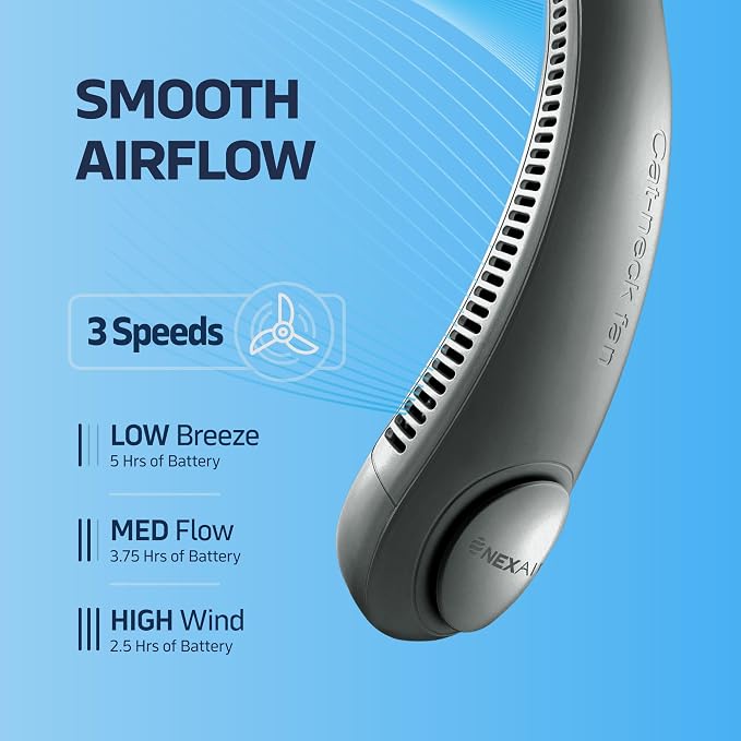 NEXAIR Portable Neck Fan Hands Free Cooling Lightweight Bladeless Neck Fan, 3 Speeds, 2400mAh Battery, 5H Runtime Black