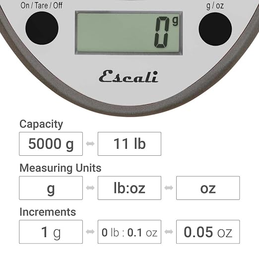 "Escali Primo Digital Kitchen Scale –SCDG11M Digital Food Scale Grams and Ounces for Cooking, Baking, Restaurants, Compact Design, Battery Operated, Removable Platform, 11lb/5kg, Metallic Gray"