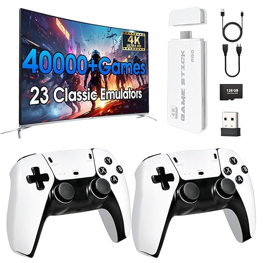 TEFELE 2026New Wireless Retro Game Console 23 Simulators and Over 40,000 Games Plug and Play 4K HD HDMI TV Game Stick 2.4G with Dual 2.4G Wireless Controllers(128G)