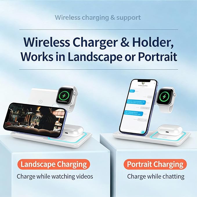 3-in-1 Foldable Wireless Charger with Night Light - 15W Fast Wireless Charger for Simultaneous Charging of Phone, Watch & Earbuds, Compatible with All Qi-Certified Devices,X455 White.