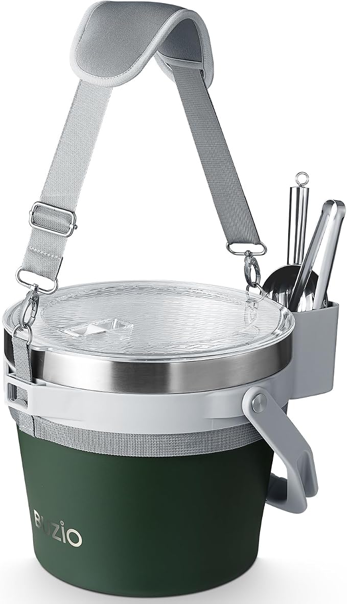 BUZIO 7 L Ice Bucket with Lid and Scoop & Tongs, Vacuum Insulated Stainless Steel Ice Buckets with Handle and Adjustable Shoulder Strap, Large Beverage Bucket for Cocktail Bar Champagne, Green