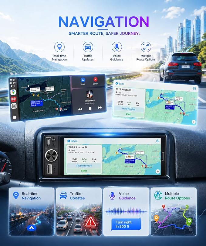 6.5" Wireless Single Din Car Stereo with Apple CarPlay, 720x1280 HD in-Cell Touchscreen, FM Radio with Bluetooth 5.2, USB & Type-C Fast Charging, SWC, Backup Camera, Android Auto, Hands-Free with Mic