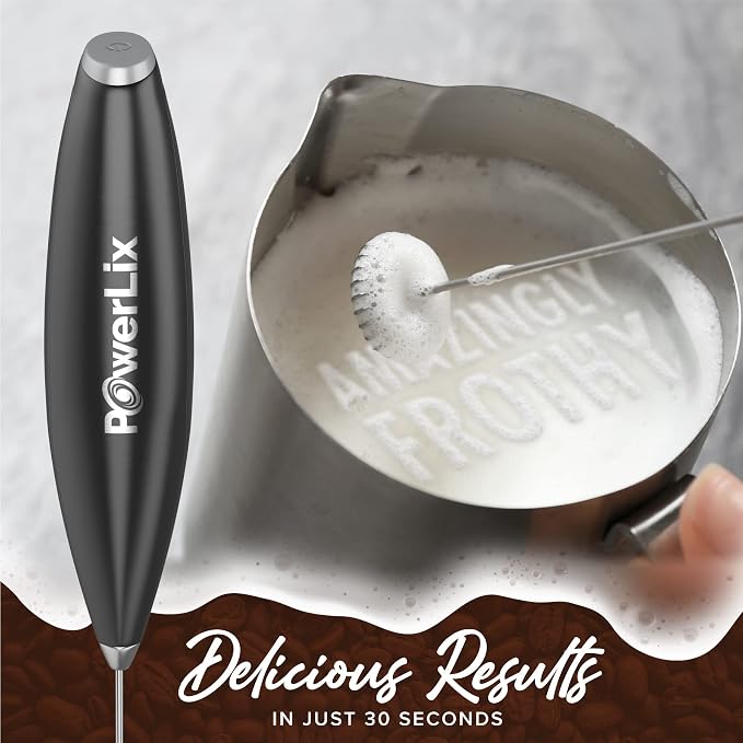 PowerLix Powerful Handheld Milk Frother With Stand Battery Operated Foam Maker Frother Wand For Coffee (A Black) (Black 2)