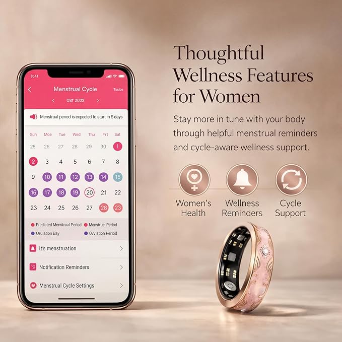 Smart Ring for Women, Sleep Tracker and Health Ring with Heart Rate, SpO2, HRV, Multi-Sport Tracking, IP68 Waterproof, Jewelry-Inspired Design, No Subscription, for iOS and Android (White, 8#)