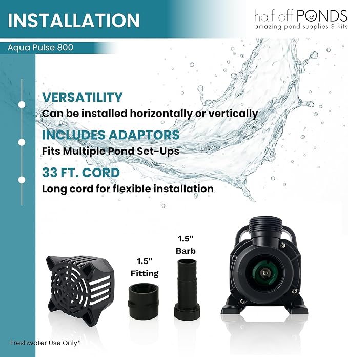 Aqua Pulse Submersible Pond Pump, 800 GPH, 33 ft Cord | 13 ft max head, 82W energy efficient, Ultra quiet, For koi ponds, Waterfalls, Fountains