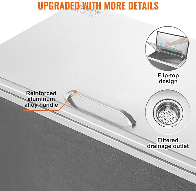 VEVOR Drop in Ice Chest, 24" L x 20" W x 15" H Stainless Steel Ice Cooler, Commercial Ice Bin with Hinged Cover, 40 qt Outdoor Kitchen Ice Bar, Drain-Pipe and Drain Plug Included, for Cold Wine Beer