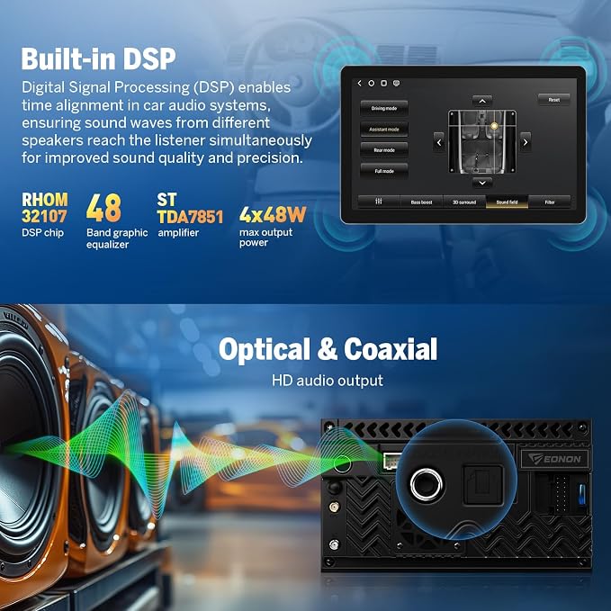 EONON 10.95" QLED 2K Adjustable Screen Car Stereo with Wireless CarPlay/Android Auto,6GB RAM 64GB ROM, 4G,WiFi6,for Universal 1DIN Car Radio with AHD Backup Camera DSP, Opt & Coax Output-SD1X6S2