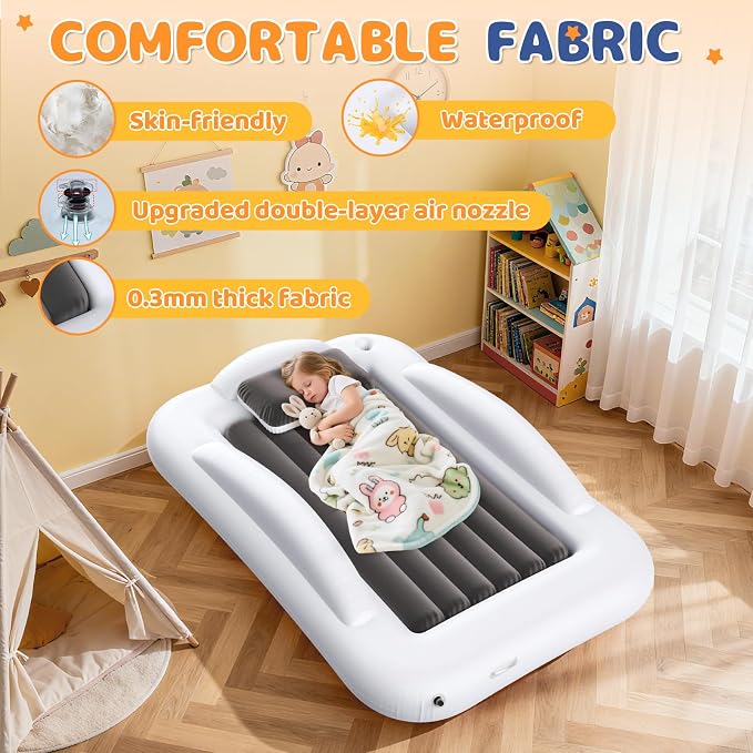 Inflatable Toddler Travel Bed - Portable Toddler Kids Travel Bed with Safety Sides Complete Kids Air Mattress Set with High-Speed Pump, Ideal for Vacation Camping and Sleepover (60 Inches)