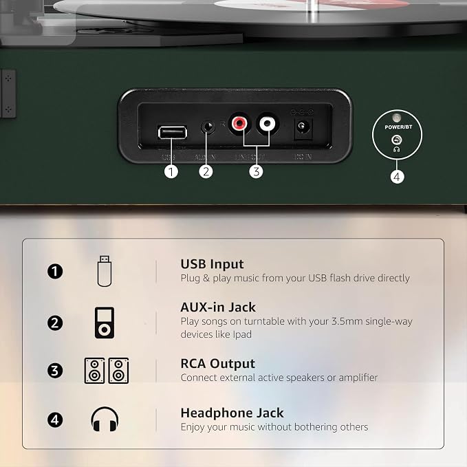 Vinyl Record Player with Built-in Speakers and USB,Belt-Driven Bluetooth Turntable with 3 Speed AUX Input Headphone Jack and RCA Output Vintage Wooden DarkGreen