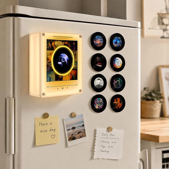 Music Refrigerator Magnets with NFC Records Player Set, Include 9 Programmable Retro Vinyl Records Refrigerator Magnets, 128M Music Player with Light for Fridge or Desktop, Unique Musical Gift