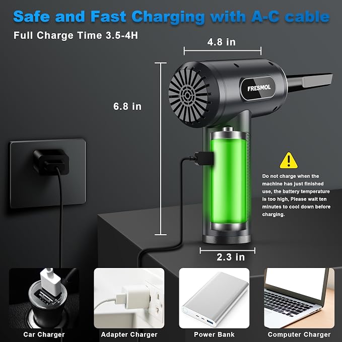 FRESMOL Compressed Air Duster 100000RPM Cordless Grey | 3 Speeds, Smart LED Display, LED Light, 7500mAh Rechargeable, 5 Nozzles & 3 Brushes, for Keyboard, Car, Home, Outdoor