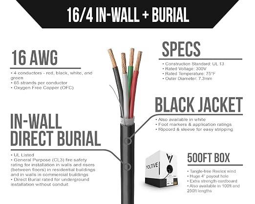 Voltive 16/4 Speaker Wire, in-Wall CL3 & Direct Burial, Black, 500ft - 16AWG, 4 Conductors, Stranded Oxygen-Free Copper, UL Listed - V-1211-5