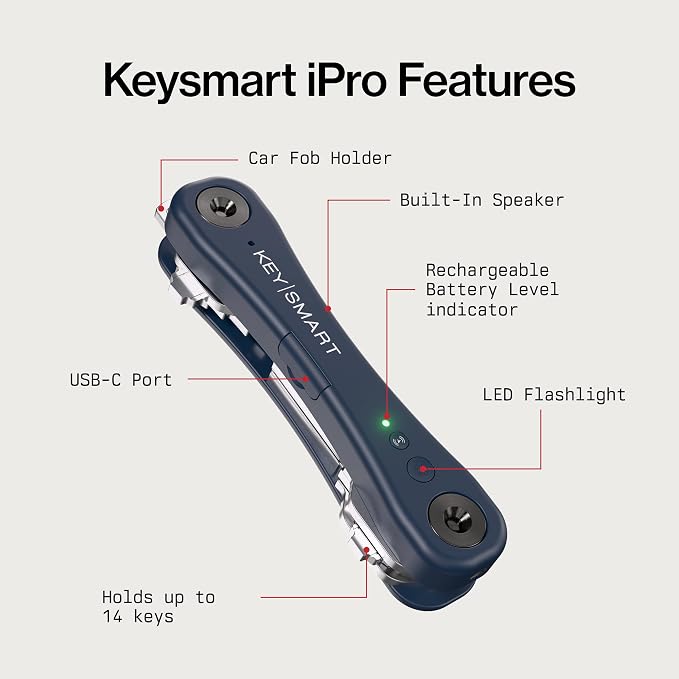 KeySmart iPro - Key Finder Locator with Sound, Keychain Key Holder, Apple Find My App Compatible, Key Organizer, Compact Clutter-Free Key Chain Tracker, Rechargeable Battery (Up to 14 Keys, Blue)