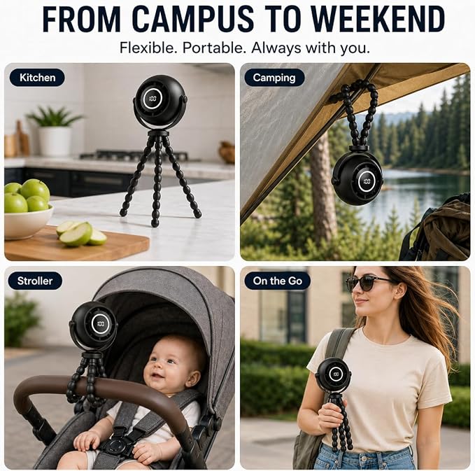 Portable Fan with Flexible Tripod, 4000mAh USB Rechargeable Mini Desk Fan with LED Display, 3 Speeds, 3 Light Modes, Clip On Quiet Small Fan for Dorm Bed Desk Stroller Camping Travel