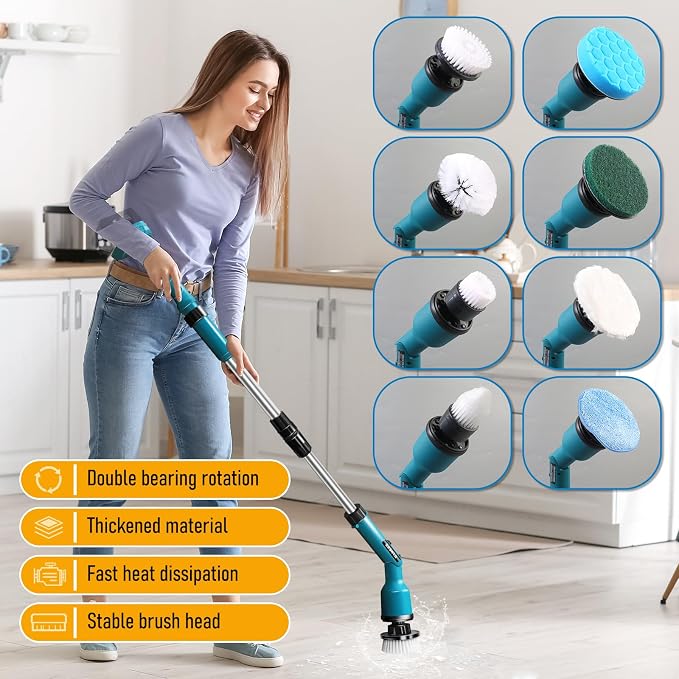 Electric Spin Scrubber for Makita 18V, Cordless Shower Cleaner with Free Adjustable Extension Arm, 1000RPM Clean Brush Waterproof w/ 8 Replaceable Heads for Tile Tub Kitchen Floor (NO Battery)