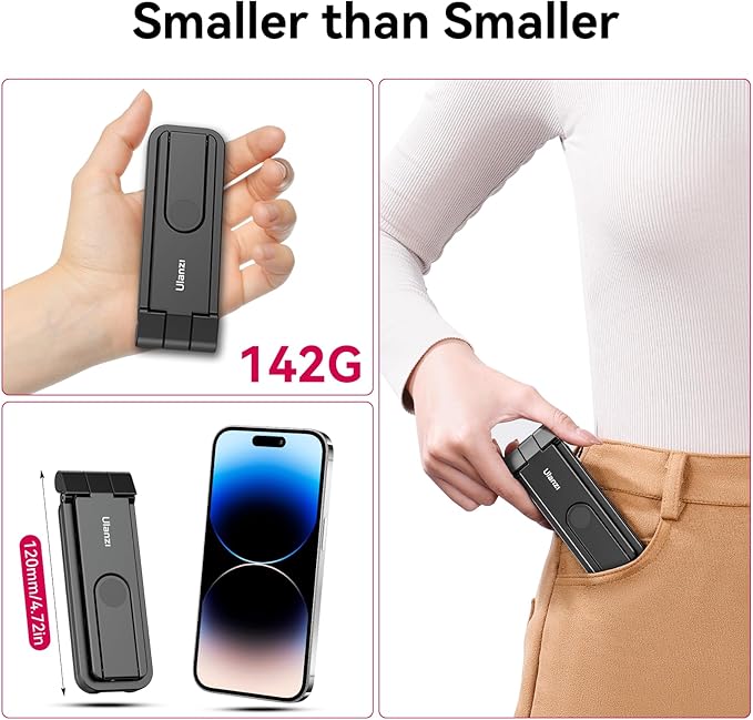 ULANZI MA26 Foldable Phone Tripod, Pocket Cell Phone Vlog Video Tripod Handle Aluminium Smartphone Desk Stand 2 Cold Shoe Small Size All in One Lightweight Portable Vlog Stick for iPhone 17 Samsung