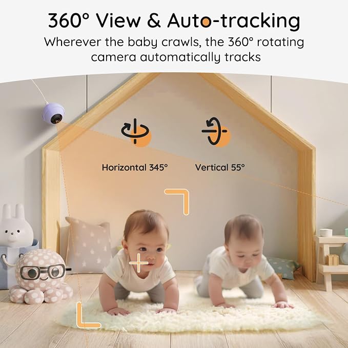 BOIFUN Additional Baby Camera Specifically Compatible with Baby2TM Video Baby Monitor, 360° Camera with Night Light, Auto Tracking, AI Motion & Sound Detection, Two-Way Audio