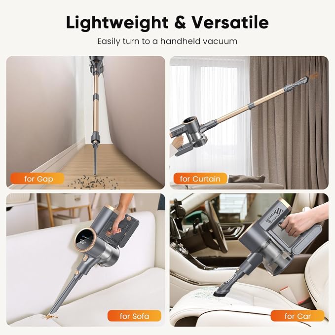 N12S Cordless Vacuum Cleaner, 30KPa Powerful Vacuum with 60 Mins Runtime, Self-Standing, LED Display, Rechargeable Lightweight Handheld Vacuum Cleaners (Grey)