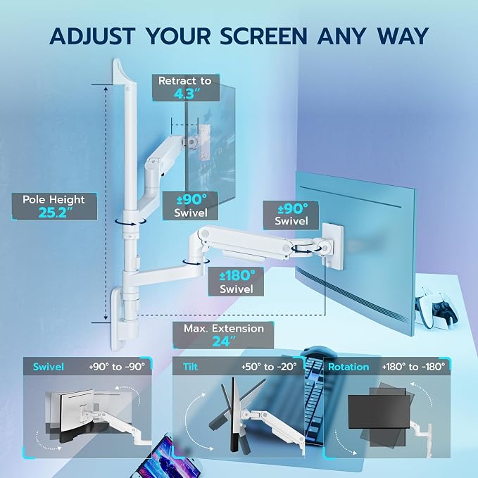 ARES WING Dual Monitor Wall Mount for 17-49 Inch Ultrawide Screens, Heavy Duty Wall Mount Monitor Arm Holds 44 lbs Each, Fully Adjustable Gas Spring Monitor Arm, 75x75/100x100 VESA Mount, White