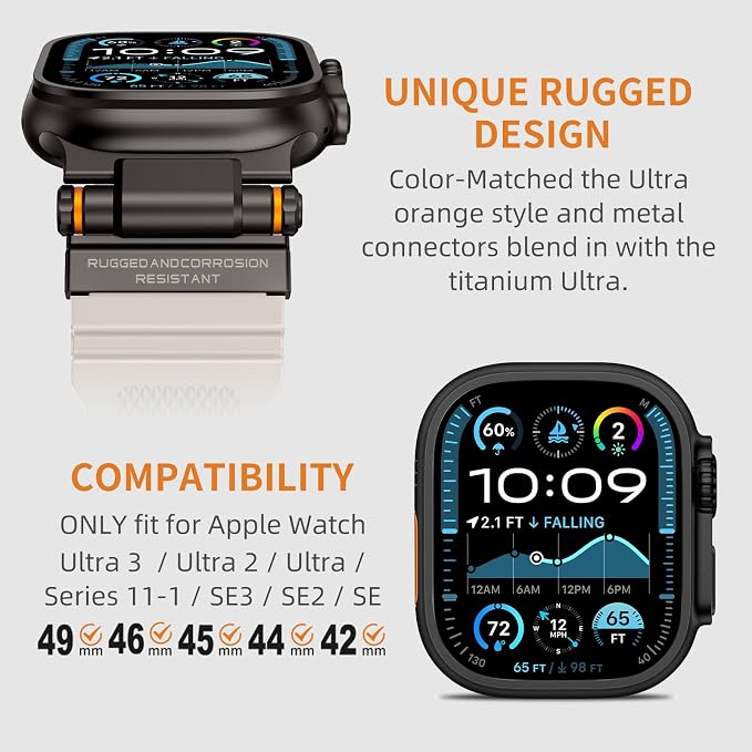 FOAMUNOC Rugged Band Compatible with Apple Watch Ultra 3/2/1 Band 49mm/46mm/45mm/44mm/42mm, Metal Connector with Strap for iWatch Ultra Series 11/10/9/8/7/6/SE3/SE2/SE/5/4/3/2/1, Starlight/Black