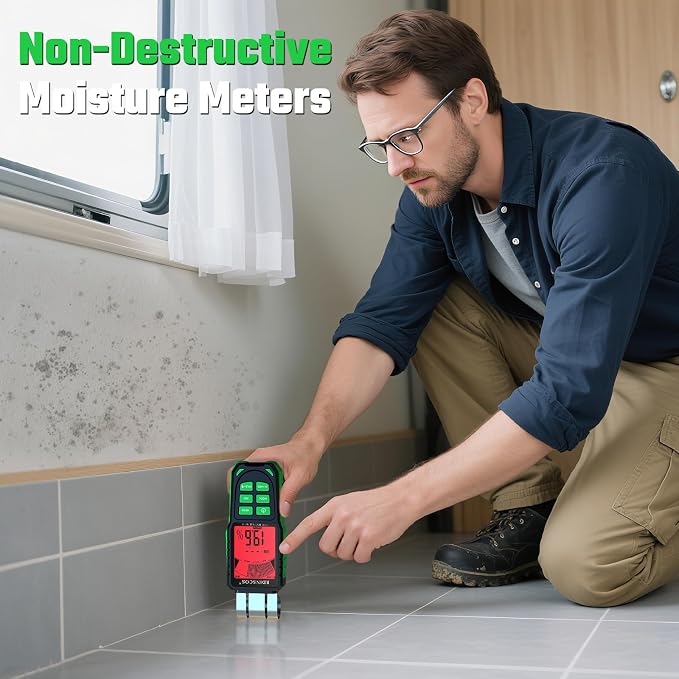 RDINSCOS Pinless Moisture Meter Non-Invasive Digital Moisture Detector | For Wood, Cement, Floors, Drywall, Concrete and Plaster, 40mm Depth, REF Mode, Backlit LCD