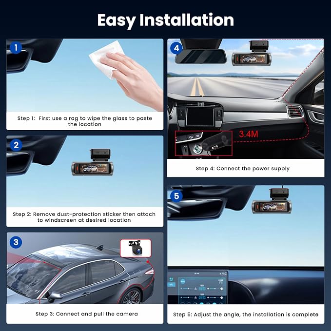 4K Dual Channel Dash Cam 360° Front and Rear, 4K Dash Camera for Cars 64G, 2 Channel Dashcam with APP Control, Night Vision, Loop Recording, Car Camera with G-Sensor, 24H Parking Monitor