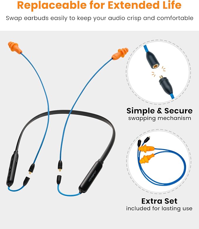 Noise Reduction Wireless Neckband Headphones with Replaceable Earbuds (Extra Set Included) - Qualcomm aptX HD, 27dB NRR, CVC Noise Cancelling Mic & 20H Playtime for Work Safety OSHA Compliant