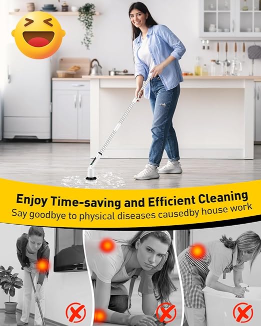 Shower Scrubber with Long Handle, Shower Cleaner Brush with 8 Floor Machine Pads, Cordless Electric Spin Scrubber for Cleaning with 2 Speed, Cleaning Supplies for Bathroom Bathtub Kitchen Floor Tile