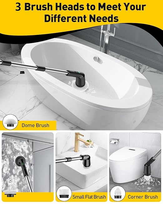 Electric Spin Scrubber for Cleaning Bathroom, Shower Scrubber Rotary Floor Brushes with IPX7 Waterproof & 2 Speed, 3 Brush Heads, Bathroom Cleaning Supplies for Toilet Shower Tub Dark