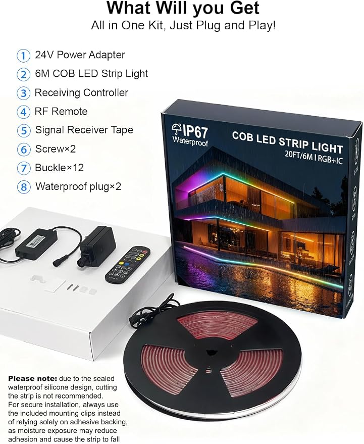 20ft/6m COB LED Strip Lights, RGB Smart IC, IP67 Waterproof, Dimmable , Color Flowing Tape Light with App Control & Music Sync, Dotless LED Light for Outdoor, Patio, christmas & Party Decorations