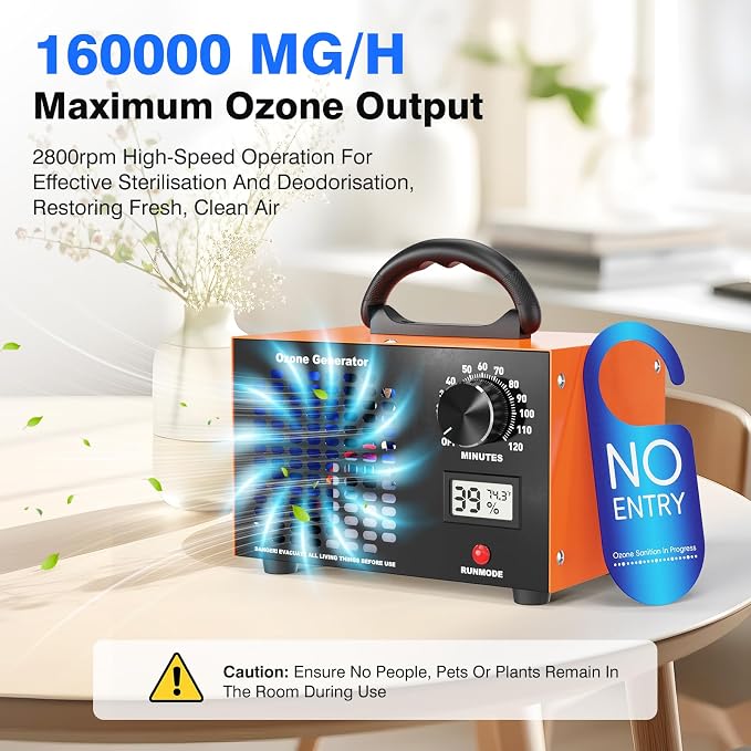 Ozone Generator Odor Eliminator Machine - 2-In-1 Air Ionizer Purifier 160,000mg/H High Capacity O3 Deodorizer With Temp/Humidity Display, Ozonator For Home, Car, House, Hotel, Kitchen, & Pet Areas