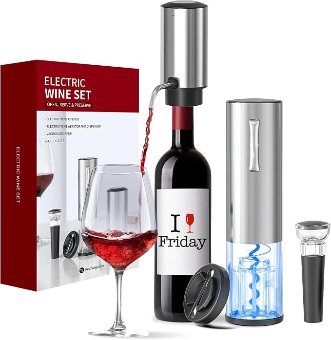 Wine Gifts-Electric Wine Opener and Aerator Set- Rechargeable Wine Dispenser Pourer, Wine Bottle Opener with Led Light, Foil Cutter, Vacuum Stoppers,Silver Set