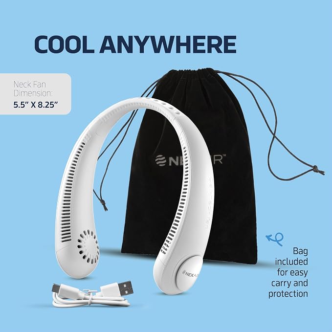NEXAIR Portable Neck Fan Hands Free Cooling Lightweight Bladeless Neck Fan, 3 Speeds, 2400mAh Battery, 5H Runtime White