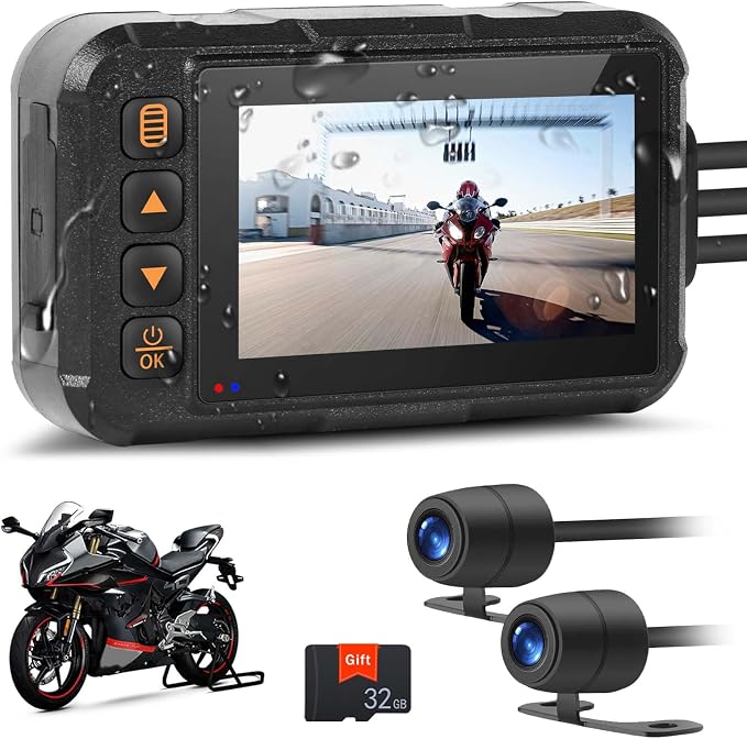 Motorcycle Dash Cam Dual HD Camera Front and Rear View,3" IPS Screen 720P IP67 Waterproof 150° Wide Angle Sportbike Recording DVR with G-Sensor,Loop Recording,Night Vision,Parking Monitor+32G SD