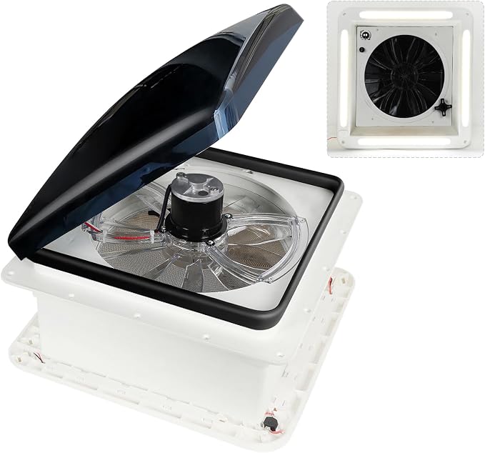 RV Roof Vent Fan with LED Light, 12V DC 14" Super Quiet Reliable Manual RV Roof Fan, 3-Speed, Reversible