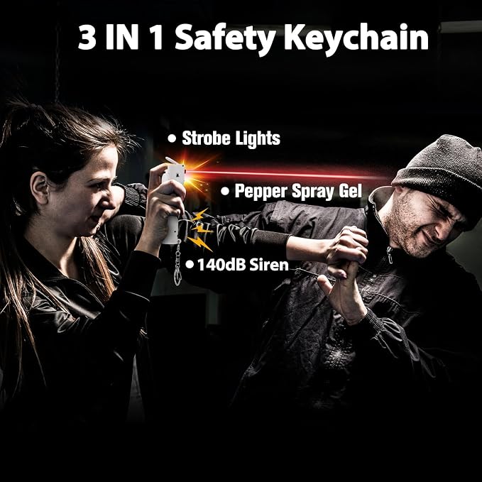 3-in-1 Pepper Spray Personal Alarm, 0.5oz 12ft UV Marking Dye Gel, 140dB Siren Red Strobe, Quick Accurate Aiming, Rechargeable Self Defense Safety Keychain, Refill Cartridge, Women Men College Student