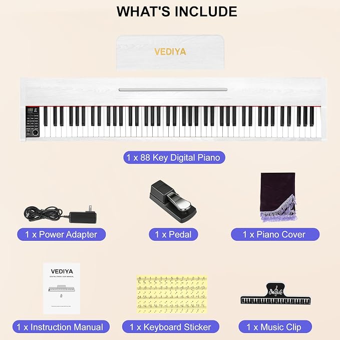 Digital Piano Keyboard 88 key,Semi-Weighted Electric Piano,Full Size Acoustic Piano for Beginners with Pedal, USB-MIDI Compatibility (White)