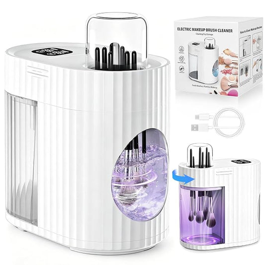 Electric Makeup Brush Cleaner Machine, 3-IN-1 Automatic Cleaning & Fast Drying, 1200RPM High-speed Spinning, Adjustable Timer, LED Display, 7 Slots for All Brush Sizes, USB Powered, Pure White