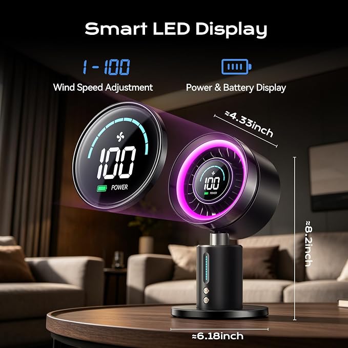 KIMMOO USB Rechargable Desk Fan, 2-in-1 Turbo Table Fan with 5-Color Light, 180° Oscillating,100 Speeds, 6000mAh Battery, LED Display, Quiet Portable Desktop Fan for Bedroom/Office/Dorm/Home (Black)