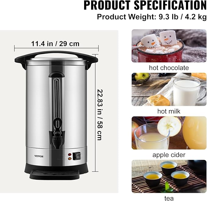 VEVOR Commercial Coffee Urn, 65Cups/9.75L Stainless Steel Large Coffee Dispenser, 1500W 110V Electric Coffee Maker Urn For Quick Brewing, Hot Water Urn with Water Gauge for Easy Viewing