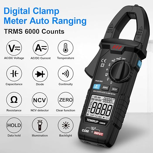 Digital Clamp Meter Multimeter TRMS 6000 Counts 600A Auto-ranging Amp Meter with Flashlight Backlight, Measures NCV, AC/DC Voltage Current, Continuity Capacitance Diode Resistance, Temperature