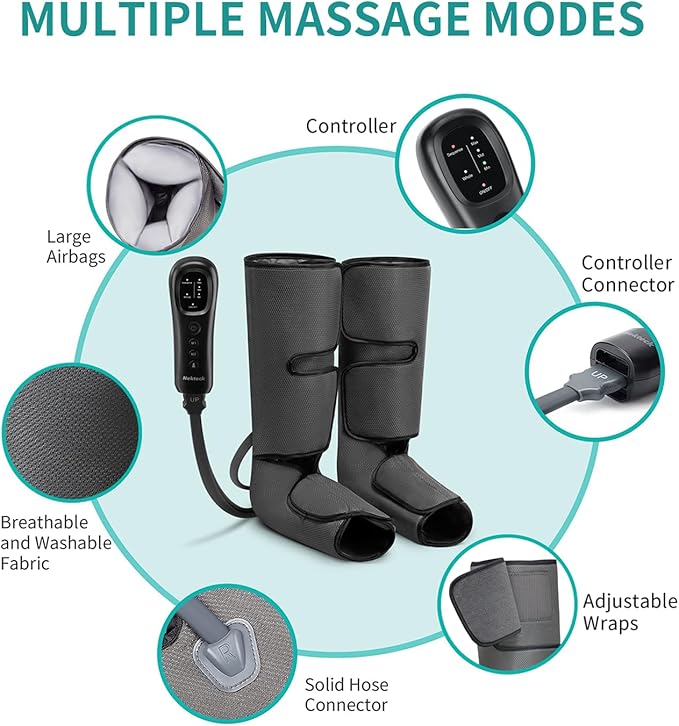 Nekteck Leg Massager for Circulation and Relaxation, Air Compression Foot and Calf Massager to Relieve Pain Edema Swelling with 2 Size Extensions, Massage Tools for Mom Dad Men Women