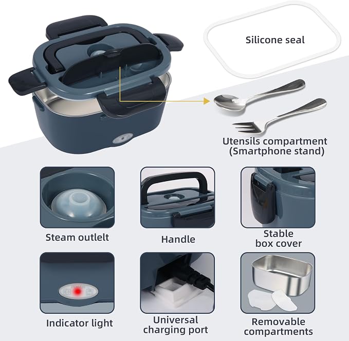 SOHIDA Electric Lunch Box, 12V/24V/110V Portable Food Warmer with SS Fork & Spoon for Car/Truck/Office, 80W Self Heating Lunch Box with 1.5L 304 Stainless Steel Container & 0.45L PP Fruit Box Black