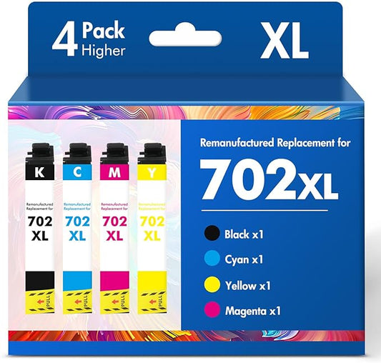 702XL 702 Ink Cartridges Combo Pack: Remanufactured Replacement for Epson Printer Workforce Pro WF-3720 WF-3730 WF-3733 WF 3720 WF3720 for 702 XL 702XL T702 (Black Cyan Yellow Magenta)