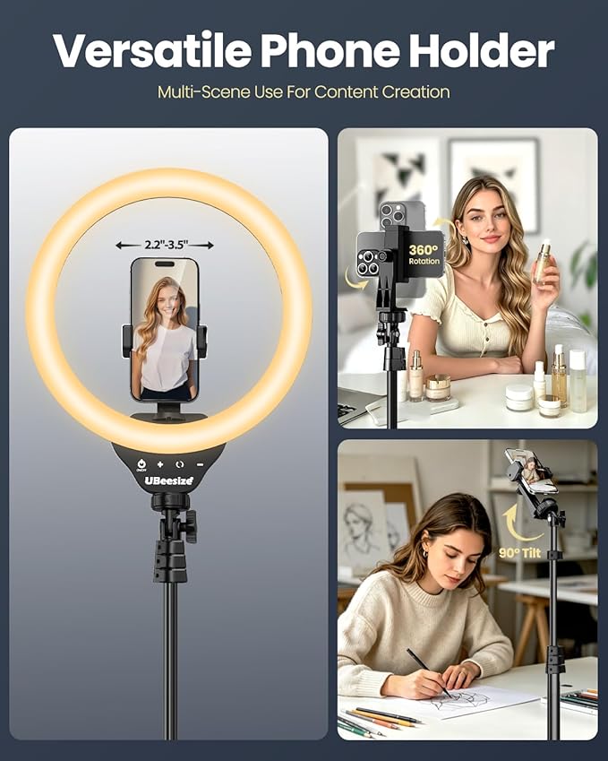 UBeesize 12'' LED Ring Light with 62'' Tripod Stand, Selfie Ring Light for Video Recording, Live Streaming, TikTok & YouTube, Compatible with iPhone & Android (Black)