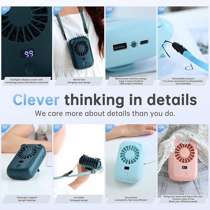 2025 AI portable neck hanging fan can charge mobile phones, 4-speed, powerful turbo airflow, with lighting, personal chest fan can work for up to 50 hours, hands-free neck wearable and portable